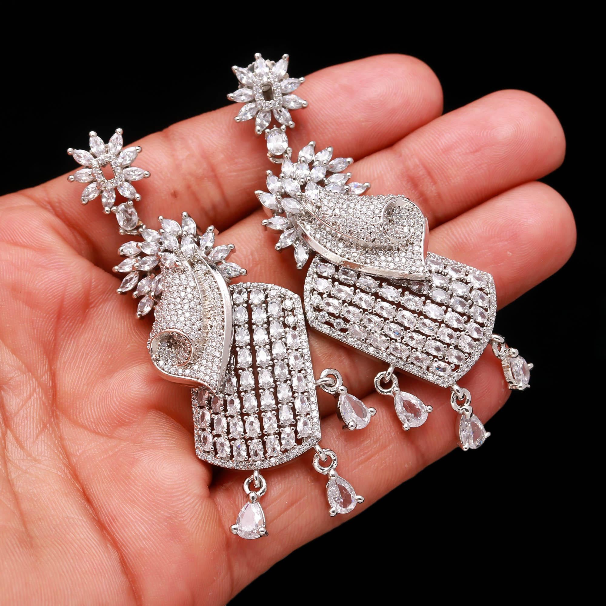 American Diamond Drop Earrings | Designer Silver-Plated Long Earrings for Weddings & Parties